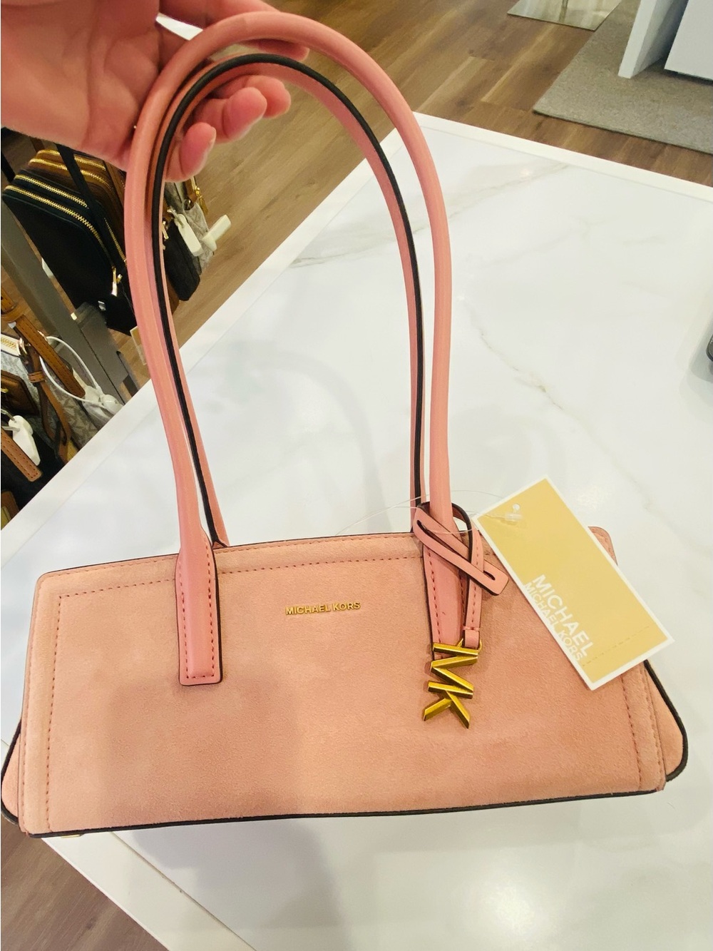 Michael Kors Blush Pink Leather Shoulder Satchel with Gold MK Charm
